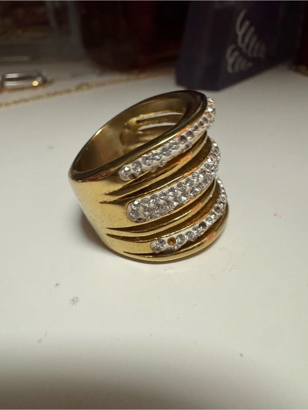 Gold-Tone Multi-Row Crystal Statement Ring